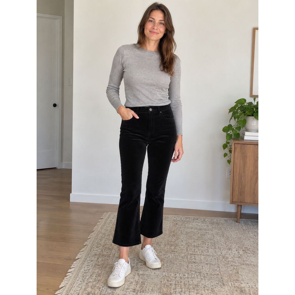 FRAME Le Crop Mini Boot Velvet Pants Black 27 NWT High Rise Luxe Minimalist